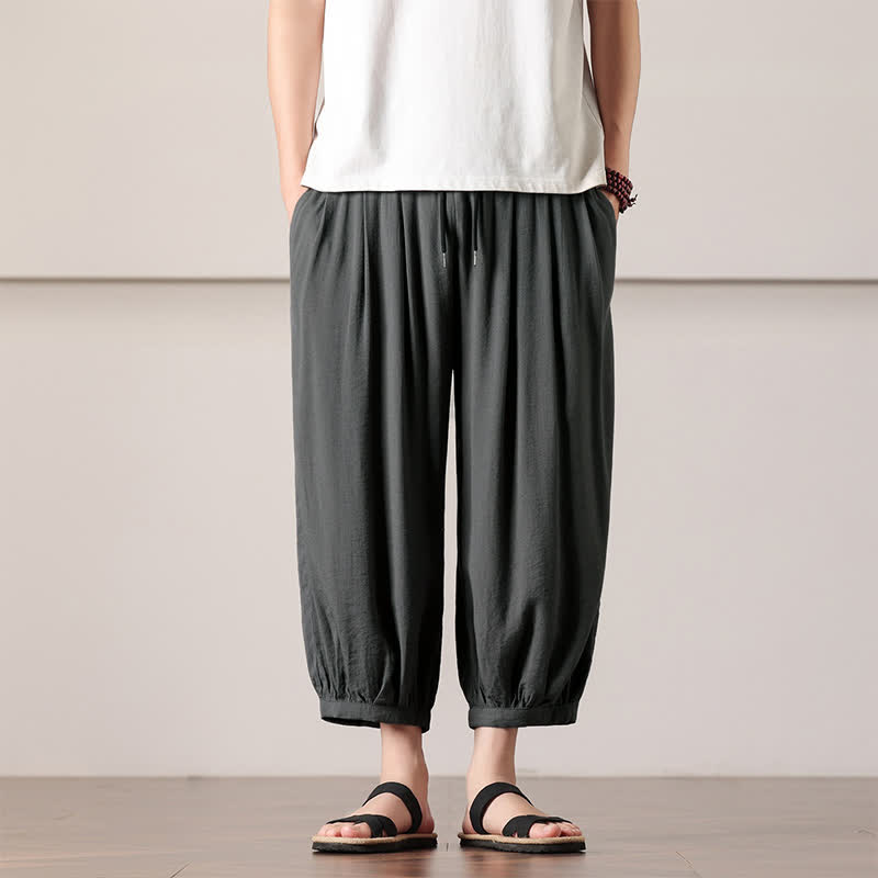 Buddha Stones Pantaloni capri estivi casual minimalisti con coulisse, pantaloni harem da uomo con tasca - Grigio tenue - US/UK/AU46, EU56 (5XL) - image 0