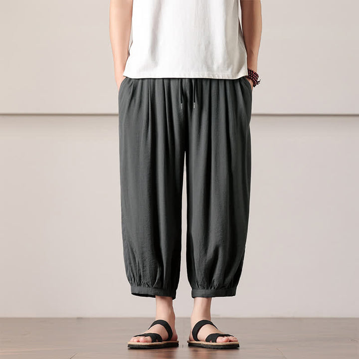 Buddha Stones Pantaloni capri estivi casual minimalisti con coulisse, pantaloni harem da uomo con tasca - Grigio tenue - US/UK/AU46, EU56 (5XL) - image 0