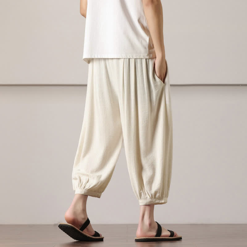 Buddha Stones Pantaloni capri estivi casual minimalisti con coulisse, pantaloni harem da uomo con tasca - image 18