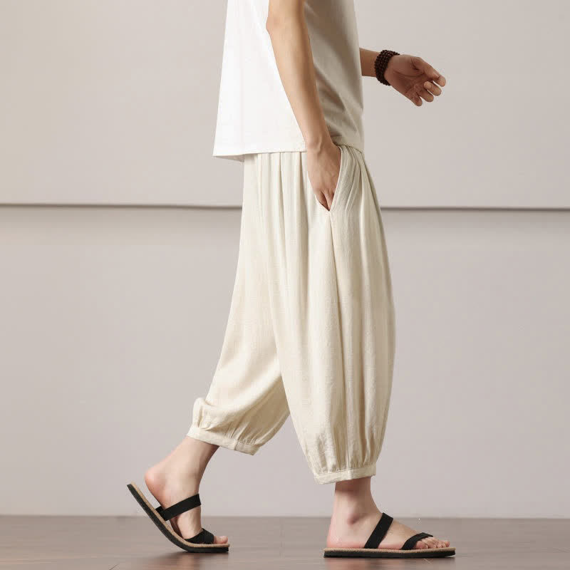 Buddha Stones Pantaloni capri estivi casual minimalisti con coulisse, pantaloni harem da uomo con tasca - image 15