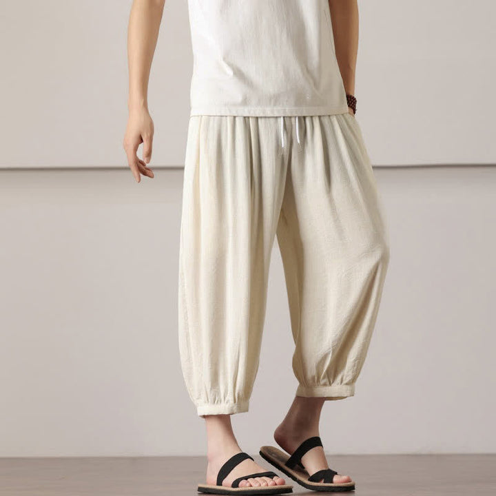 Buddha Stones Pantaloni capri estivi casual minimalisti con coulisse, pantaloni harem da uomo con tasca - image 12