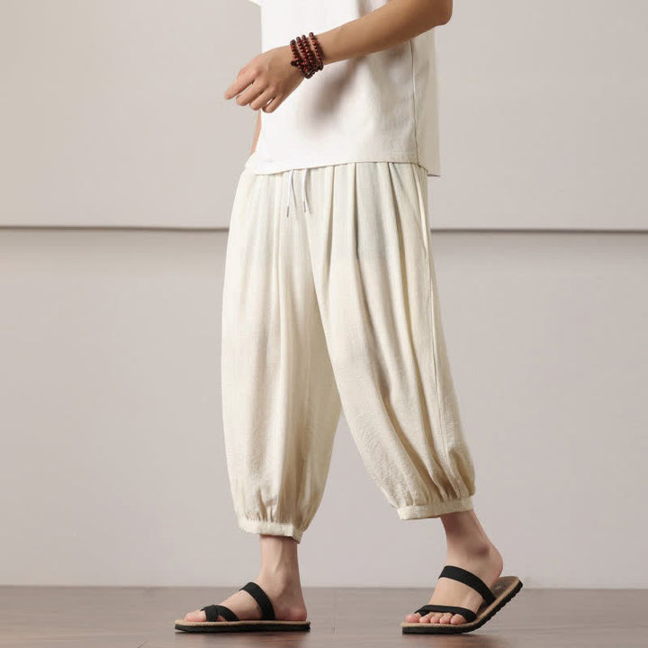 Buddha Stones Pantaloni capri estivi casual minimalisti con coulisse, pantaloni harem da uomo con tasca - image 14