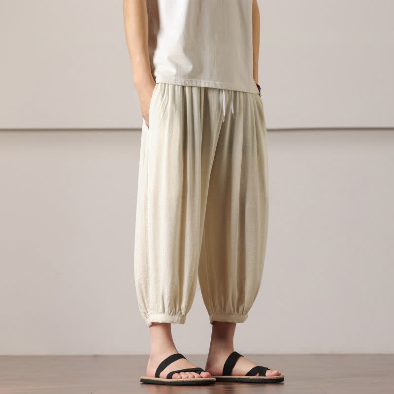 Buddha Stones Pantaloni capri estivi casual minimalisti con coulisse, pantaloni harem da uomo con tasca - image 11