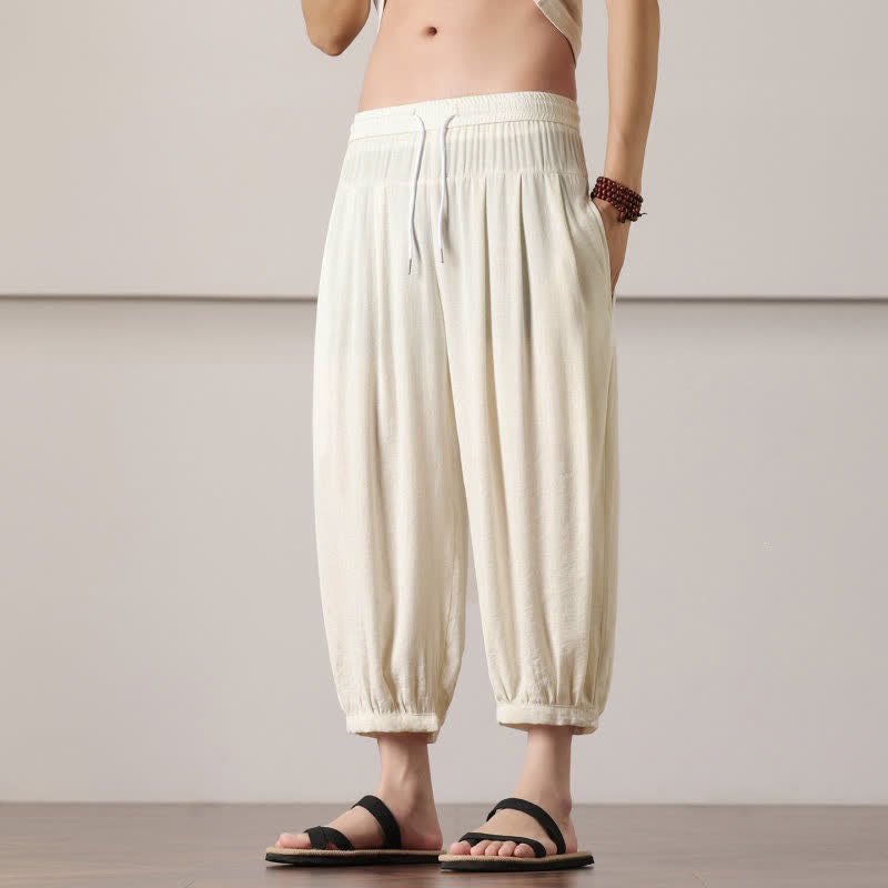 Buddha Stones Pantaloni capri estivi casual minimalisti con coulisse, pantaloni harem da uomo con tasca - image 9