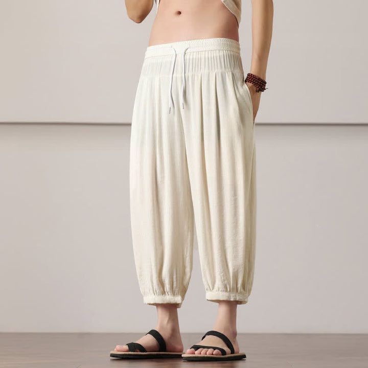 Buddha Stones Pantaloni capri estivi casual minimalisti con coulisse, pantaloni harem da uomo con tasca - image 9