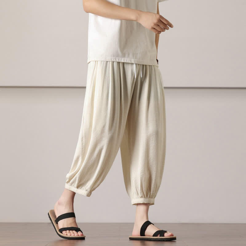 Buddha Stones Pantaloni capri estivi casual minimalisti con coulisse, pantaloni harem da uomo con tasca - image 13