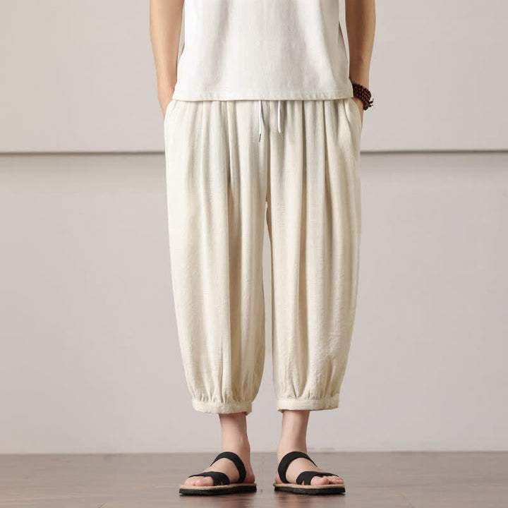 Buddha Stones Pantaloni capri estivi casual minimalisti con coulisse, pantaloni harem da uomo con tasca - Bianco antico - US/UK/AU46, EU56 (5XL) - image 8