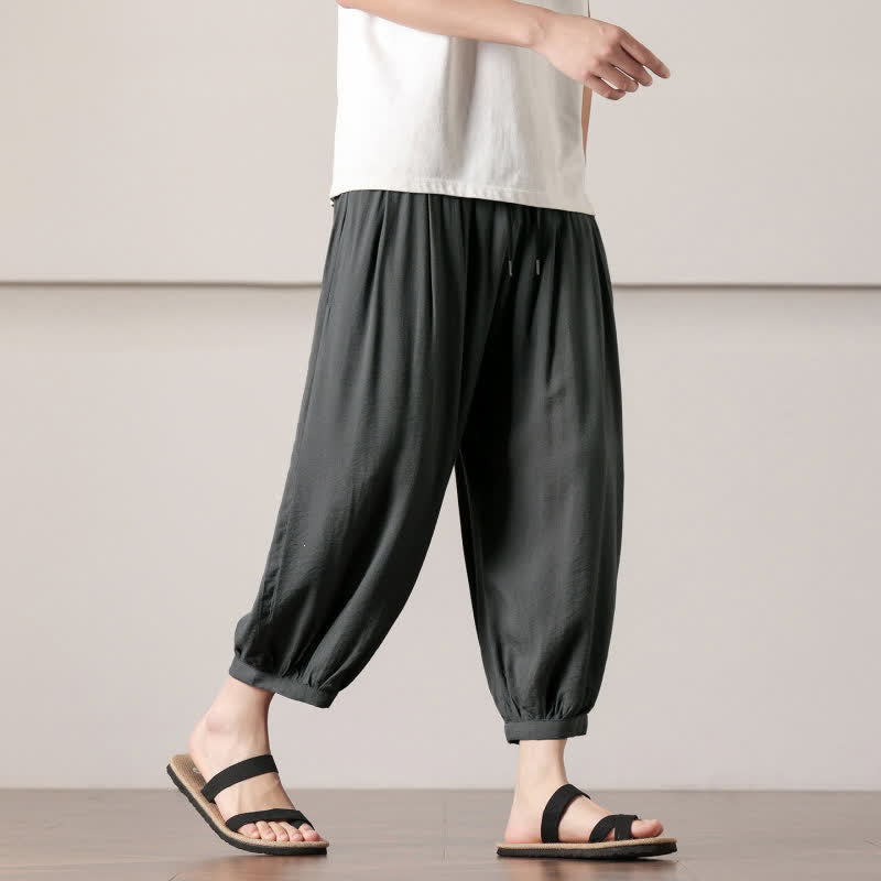 Buddha Stones Pantaloni capri estivi casual minimalisti con coulisse, pantaloni harem da uomo con tasca - image 4