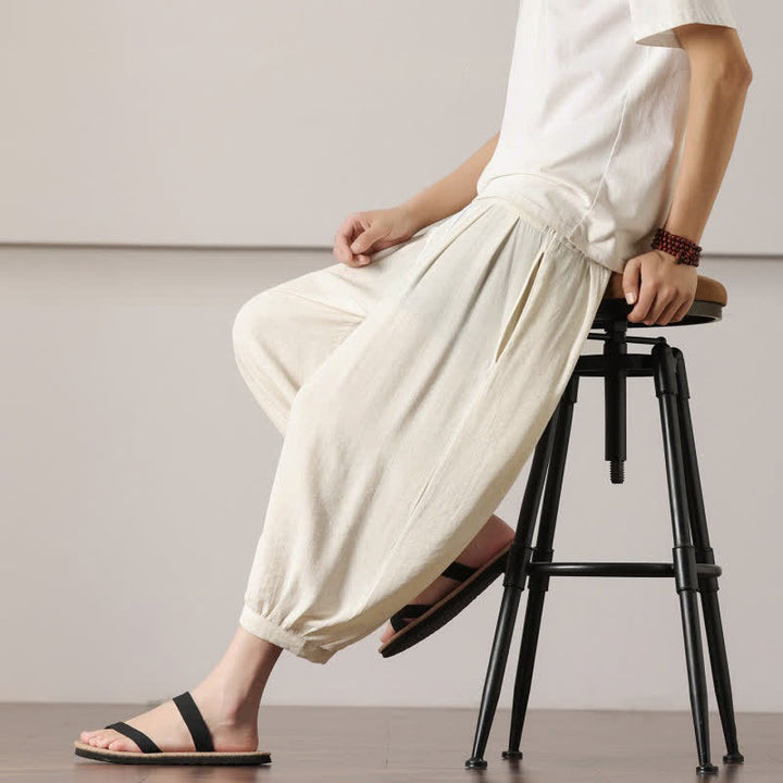 Buddha Stones Pantaloni capri estivi casual minimalisti con coulisse, pantaloni harem da uomo con tasca - image 17