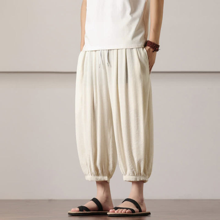 Buddha Stones Pantaloni capri estivi casual minimalisti con coulisse, pantaloni harem da uomo con tasca - image 10