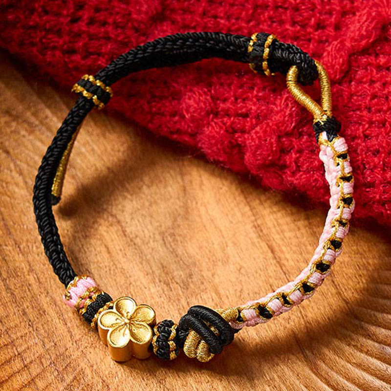Buddha Stones Bracciale regolabile con nodo a corda intrecciata - Nero con accessorio floreale - image 6