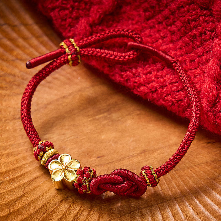 Buddha Stones Bracciale regolabile con nodo a corda intrecciata a forma di fiore - Rosso scuro con accessorio floreale - image 0