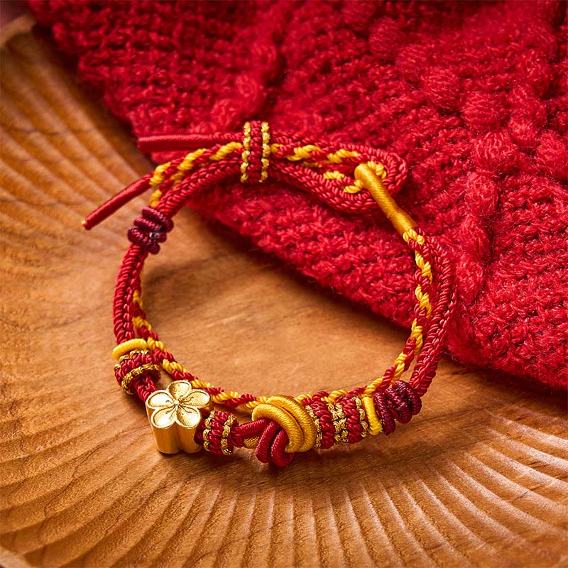 Buddha Stones Bracciale regolabile a doppio giro con nodo a corda intrecciata a fiori - Rosso con accessorio floreale - image 0
