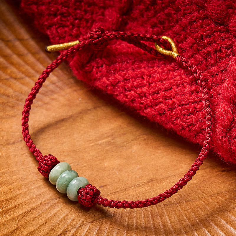 Buddha Stones Braccialetto regolabile fai da te con cordino rosso intrecciato fatto a mano e perline di giada da 3 mm. - image 1