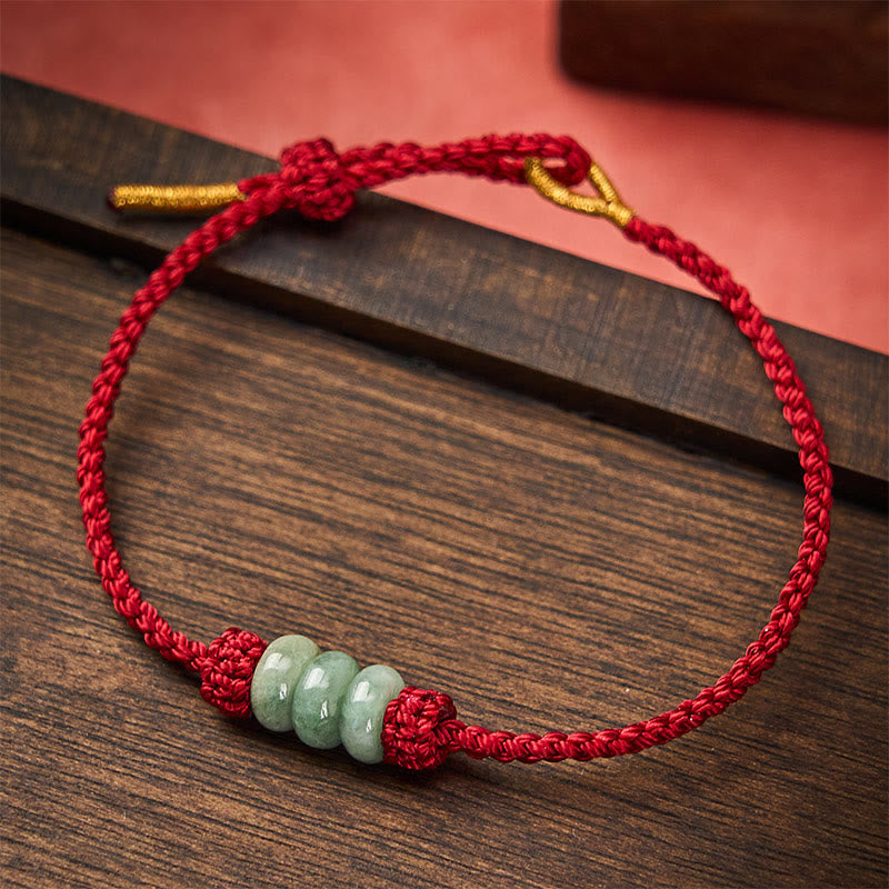 Buddha Stones Braccialetto regolabile fai da te con cordino rosso intrecciato fatto a mano e perline di giada da 3 mm. - Rosso scuro (circonferenza del polso 15-20 cm) - image 0