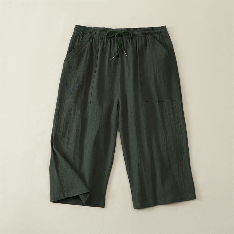 Buddha Stones Pantaloni capri estivi casual da uomo con coulisse, gamba dritta e tasche. - Verde oliva scuro - US/UK/AU42, EU52 (3XL) - image 8