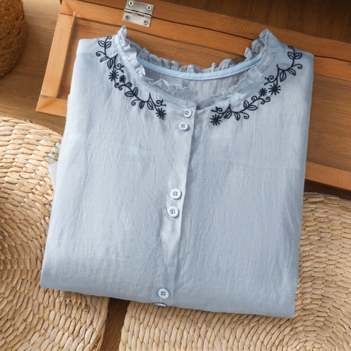 Buddha Stones Camicia da donna estiva casual vintage azzurra con ricami e bottoni, maniche a tre quarti. - image 2