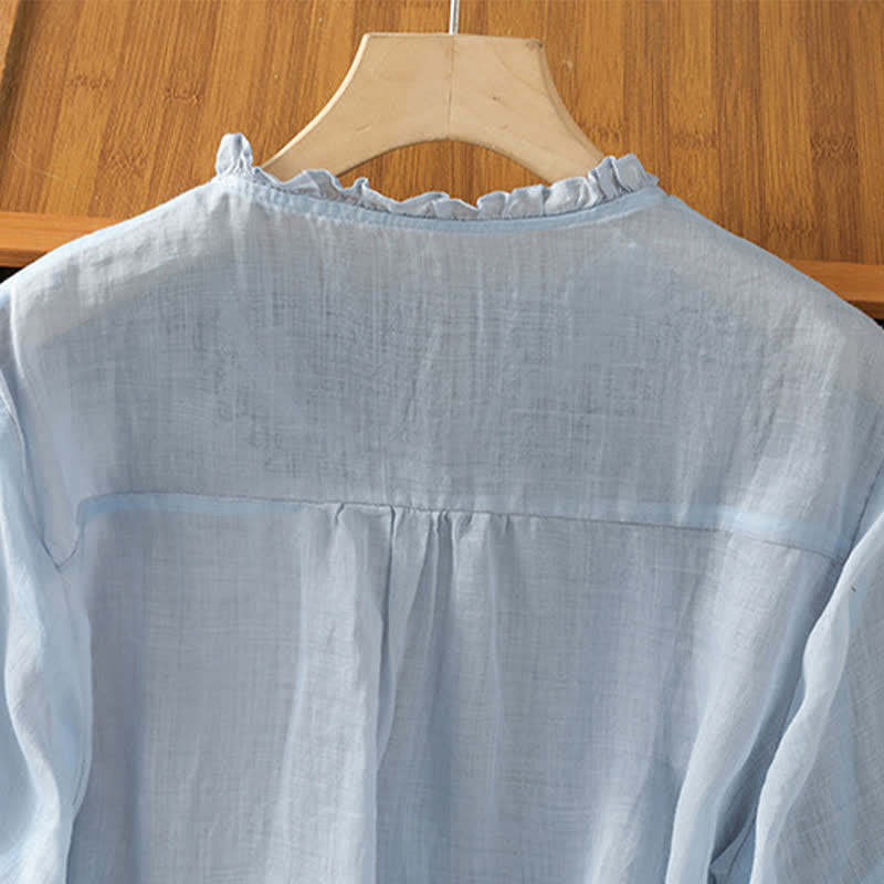 Buddha Stones Camicia da donna estiva casual vintage azzurra con ricami e bottoni, maniche a tre quarti. - image 5