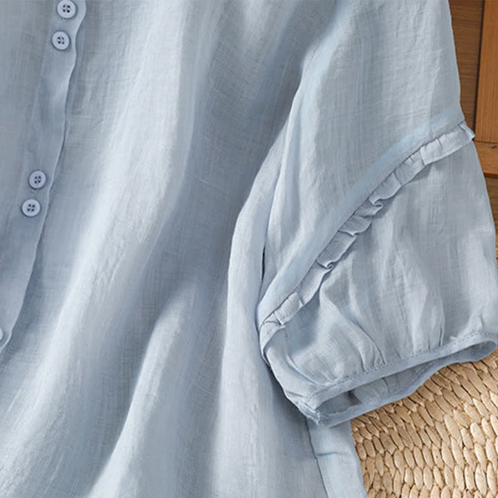 Buddha Stones Camicia da donna estiva casual vintage azzurra con ricami e bottoni, maniche a tre quarti. - image 6