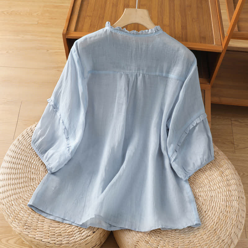 Buddha Stones Camicia da donna estiva casual vintage azzurra con ricami e bottoni, maniche a tre quarti. - image 1