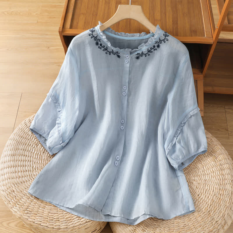 Buddha Stones Camicia da donna estiva casual vintage azzurra con ricami e bottoni, maniche a tre quarti. - Blu acciaio chiaro - US8-10, UK/AU12-14, EU40-42 (2XL) - image 0