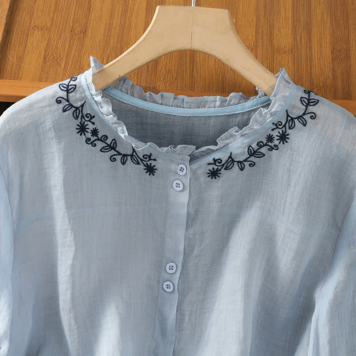 Buddha Stones Camicia da donna estiva casual vintage azzurra con ricami e bottoni, maniche a tre quarti. - image 3