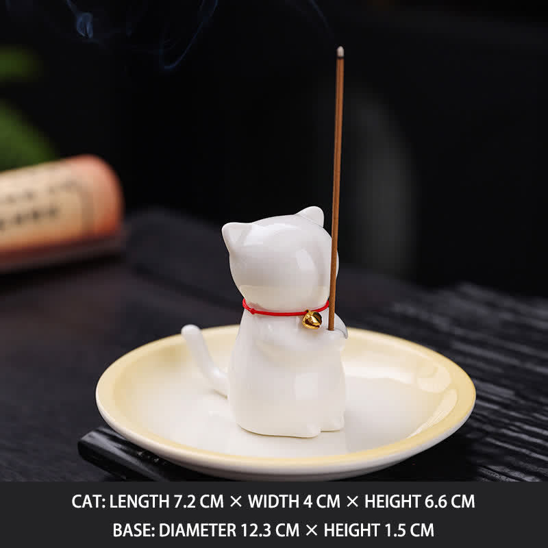 Buddha Stones Bruciatore di incenso in ceramica a forma di gatto Kawaii con vassoio raccogli cenere (senza incenso) - Bianco - Senza incenso - image 14