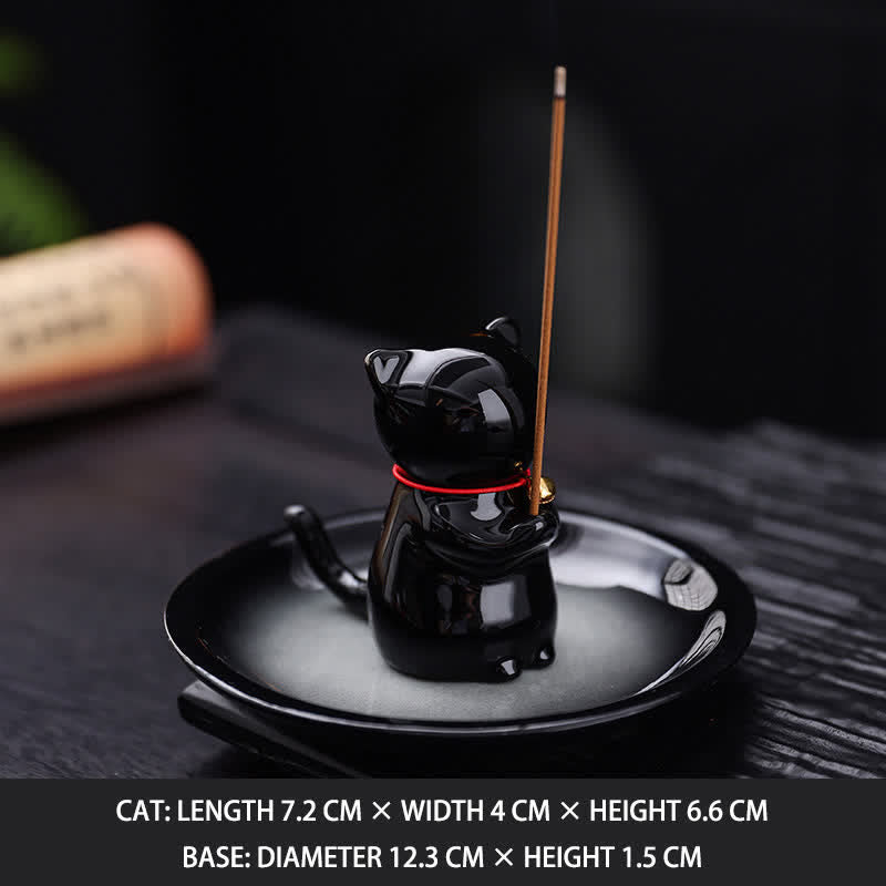 Buddha Stones Bruciatore di incenso in ceramica a forma di gatto Kawaii con vassoio raccogli cenere (senza incenso) - Nero - Senza incenso - image 16