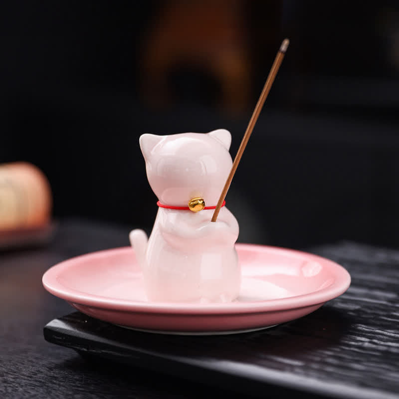 Buddha Stones Bruciatore di incenso in ceramica a forma di gatto Kawaii con vassoio raccogli cenere (senza incenso) - Rosa - Senza incenso - image 0