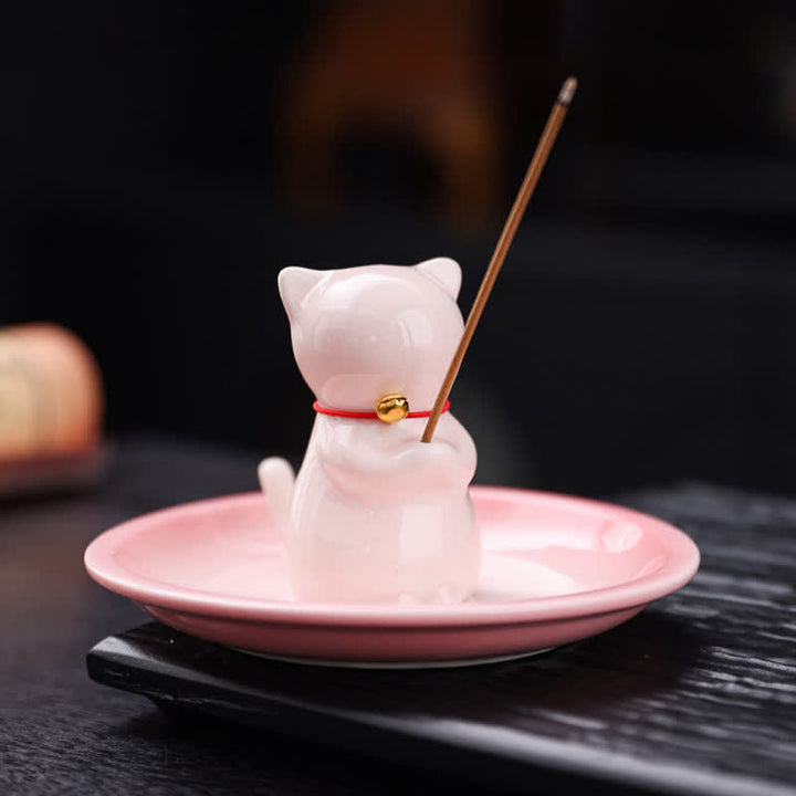 Buddha Stones Bruciatore di incenso in ceramica a forma di gatto Kawaii con vassoio raccogli cenere (senza incenso) - Rosa - Senza incenso - image 0