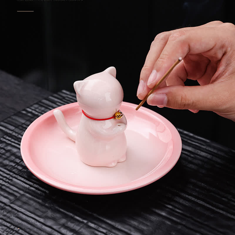 Buddha Stones Bruciatore di incenso in ceramica a forma di gatto Kawaii con vassoio raccogli cenere (senza incenso) - image 3