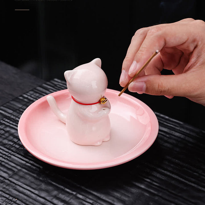 Buddha Stones Bruciatore di incenso in ceramica a forma di gatto Kawaii con vassoio raccogli cenere (senza incenso) - image 3