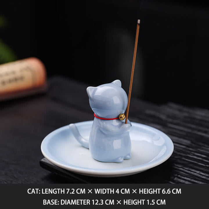 Buddha Stones Bruciatore di incenso in ceramica a forma di gatto Kawaii con vassoio raccogli cenere (senza incenso) - Blu - Senza incenso - image 15