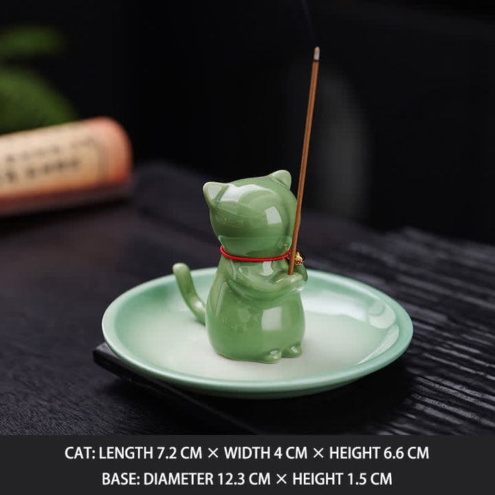 Buddha Stones Bruciatore di incenso in ceramica a forma di gatto Kawaii con vassoio raccogli cenere (senza incenso) - Verde - Senza incenso - image 18