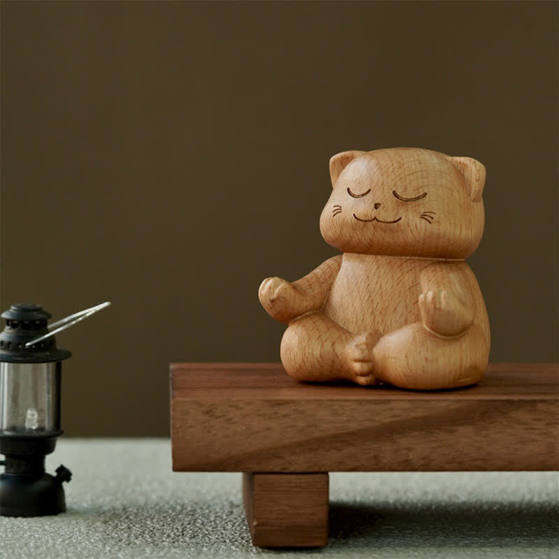 Buddha Stones Gatto in meditazione in legno, illuminazione, intagliato a mano, simpatico animale decorativo - image 1