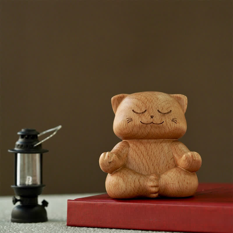 Buddha Stones Gatto in meditazione in legno, illuminazione, intagliato a mano, simpatico animale decorativo - Cerchio Zen (Illuminazione ♥ Senza sforzo) - image 0