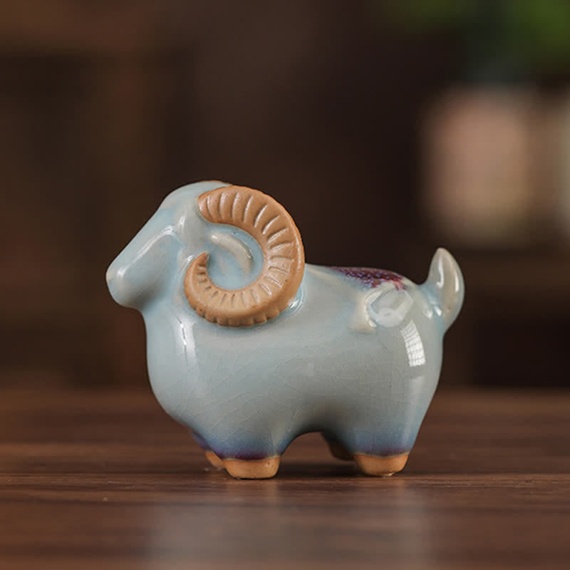 Buddha Stones Decorazione con animale carino in ceramica a smalto cotto in forno, simbolo dello zodiaco cinese (Ariete) e della prosperità. - Statuetta di ariete bianco - image 15
