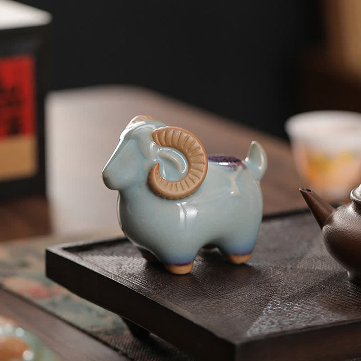 Buddha Stones Decorazione con animale carino in ceramica a smalto cotto in forno, simbolo dello zodiaco cinese (Ariete) e della prosperità. - image 16
