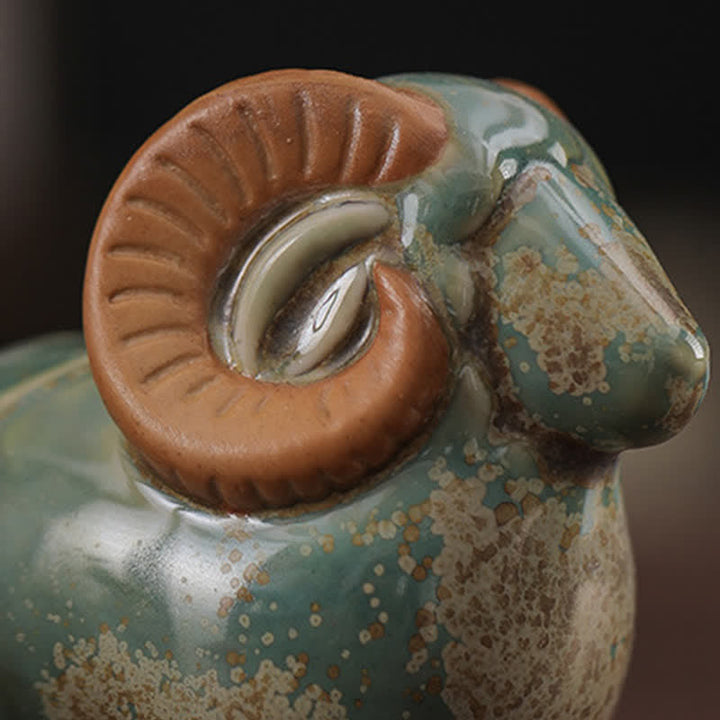 Buddha Stones Decorazione con animale carino in ceramica a smalto cotto in forno, simbolo dello zodiaco cinese (Ariete) e della prosperità. - image 12