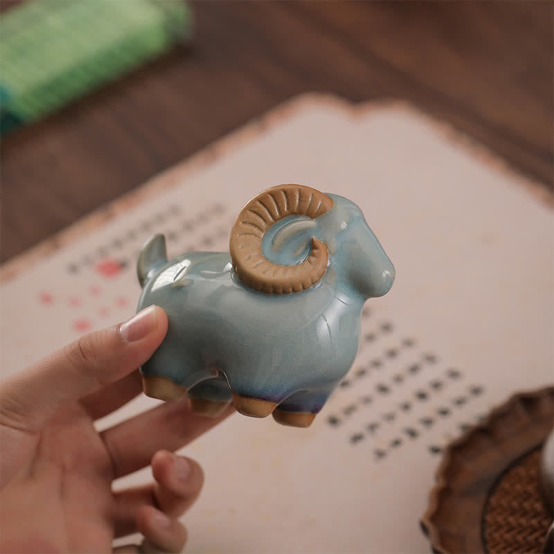 Buddha Stones Decorazione con animale carino in ceramica a smalto cotto in forno, simbolo dello zodiaco cinese (Ariete) e della prosperità. - image 17