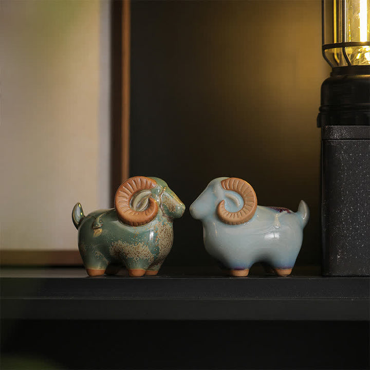 Buddha Stones Decorazione con animale carino in ceramica a smalto cotto in forno, simbolo dello zodiaco cinese (Ariete) e della prosperità. - image 18