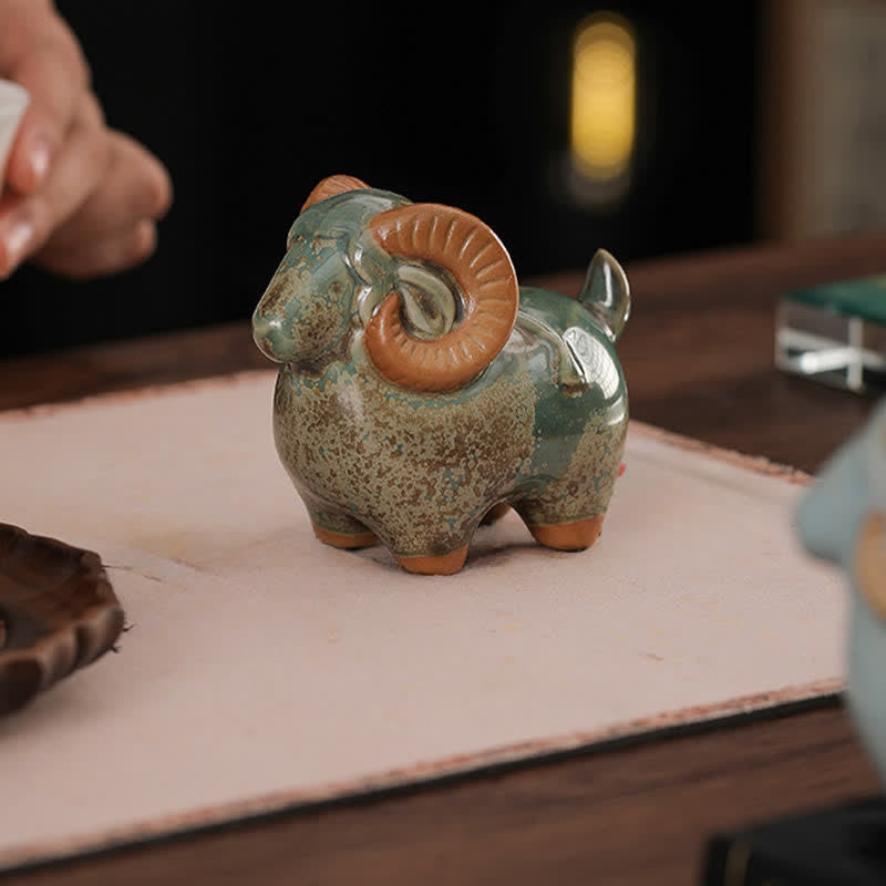 Buddha Stones Decorazione con animale carino in ceramica a smalto cotto in forno, simbolo dello zodiaco cinese (Ariete) e della prosperità. - image 9