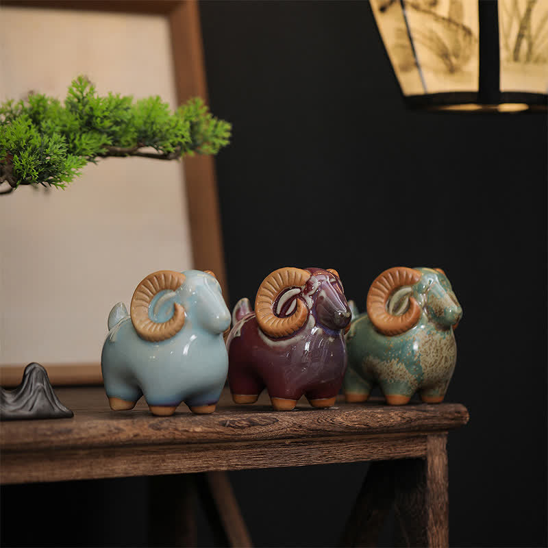 Buddha Stones Decorazione con animale carino in ceramica a smalto cotto in forno, simbolo dello zodiaco cinese (Ariete) e della prosperità. - image 2