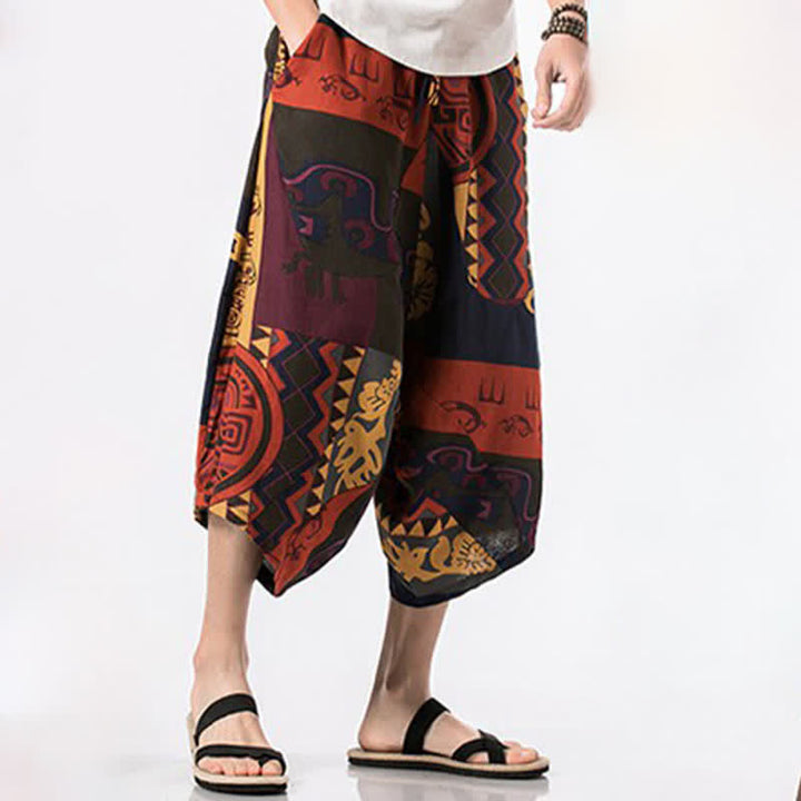 Buddha Stones Pantaloni Capri estivi in ​​stile boho casual con coulisse, in cotone e lino con stampa floreale, pantaloni harem da uomo con tasca - image 8