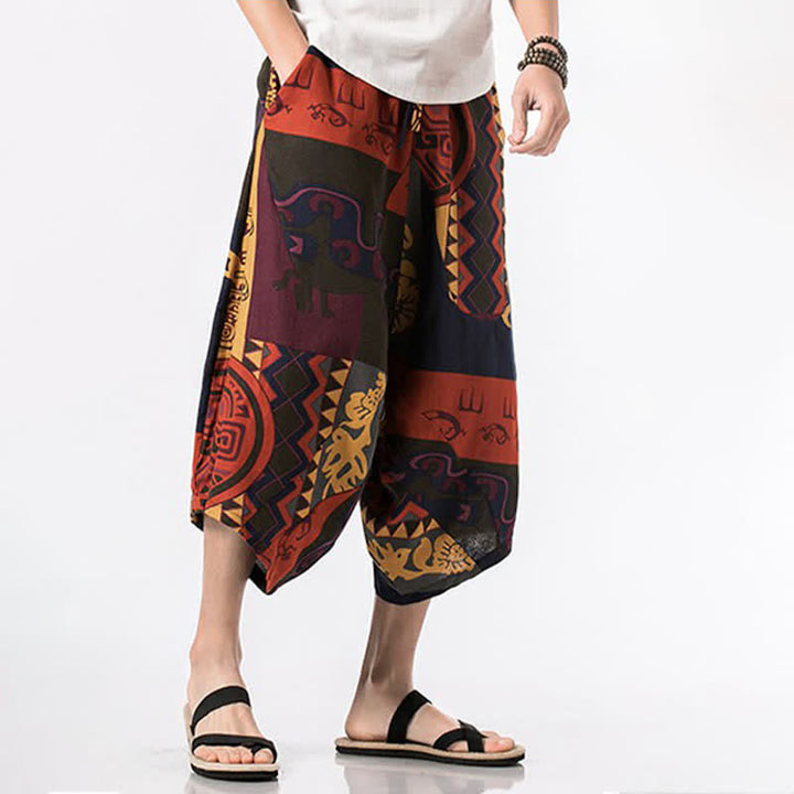 Buddha Stones Pantaloni Capri estivi in ​​stile boho casual con coulisse, in cotone e lino con stampa floreale, pantaloni harem da uomo con tasca - image 13
