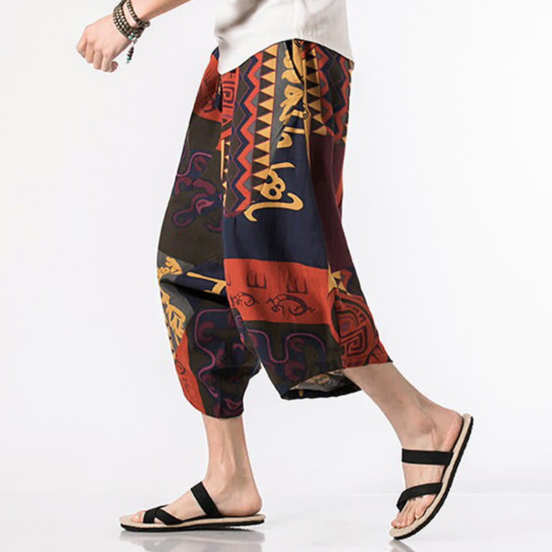 Buddha Stones Pantaloni Capri estivi in ​​stile boho casual con coulisse, in cotone e lino con stampa floreale, pantaloni harem da uomo con tasca - image 11