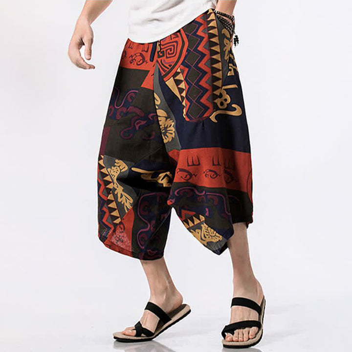 Buddha Stones Pantaloni Capri estivi in ​​stile boho casual con coulisse, in cotone e lino con stampa floreale, pantaloni harem da uomo con tasca - image 10