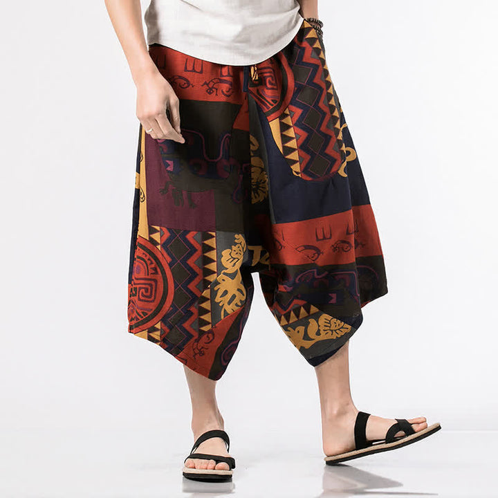 Buddha Stones Pantaloni Capri estivi in ​​stile boho casual con coulisse, in cotone e lino con stampa floreale, pantaloni harem da uomo con tasca - Rosso - US/UK/AU48, EU58 (5XL) - image 7