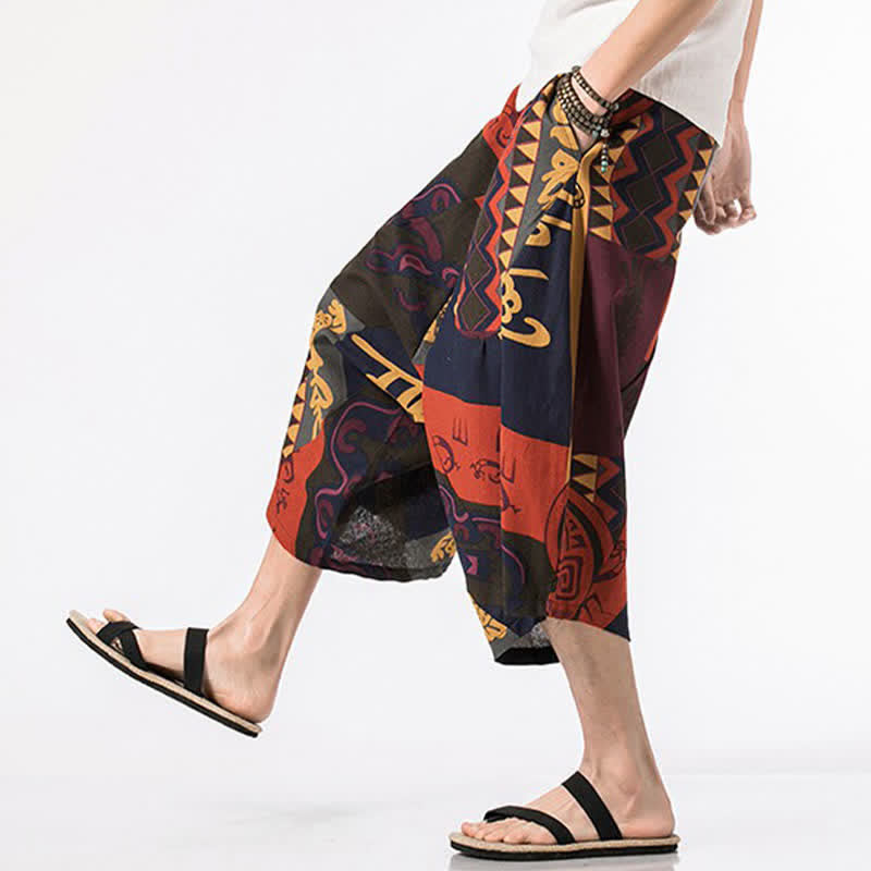 Buddha Stones Pantaloni Capri estivi in ​​stile boho casual con coulisse, in cotone e lino con stampa floreale, pantaloni harem da uomo con tasca - image 12