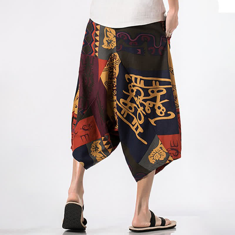 Buddha Stones Pantaloni Capri estivi in ​​stile boho casual con coulisse, in cotone e lino con stampa floreale, pantaloni harem da uomo con tasca - image 14